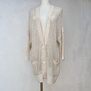 EUC Bobeau Ivory Open-Weave Knit Crochet-Style Slouchy Long Cardigan Size Large